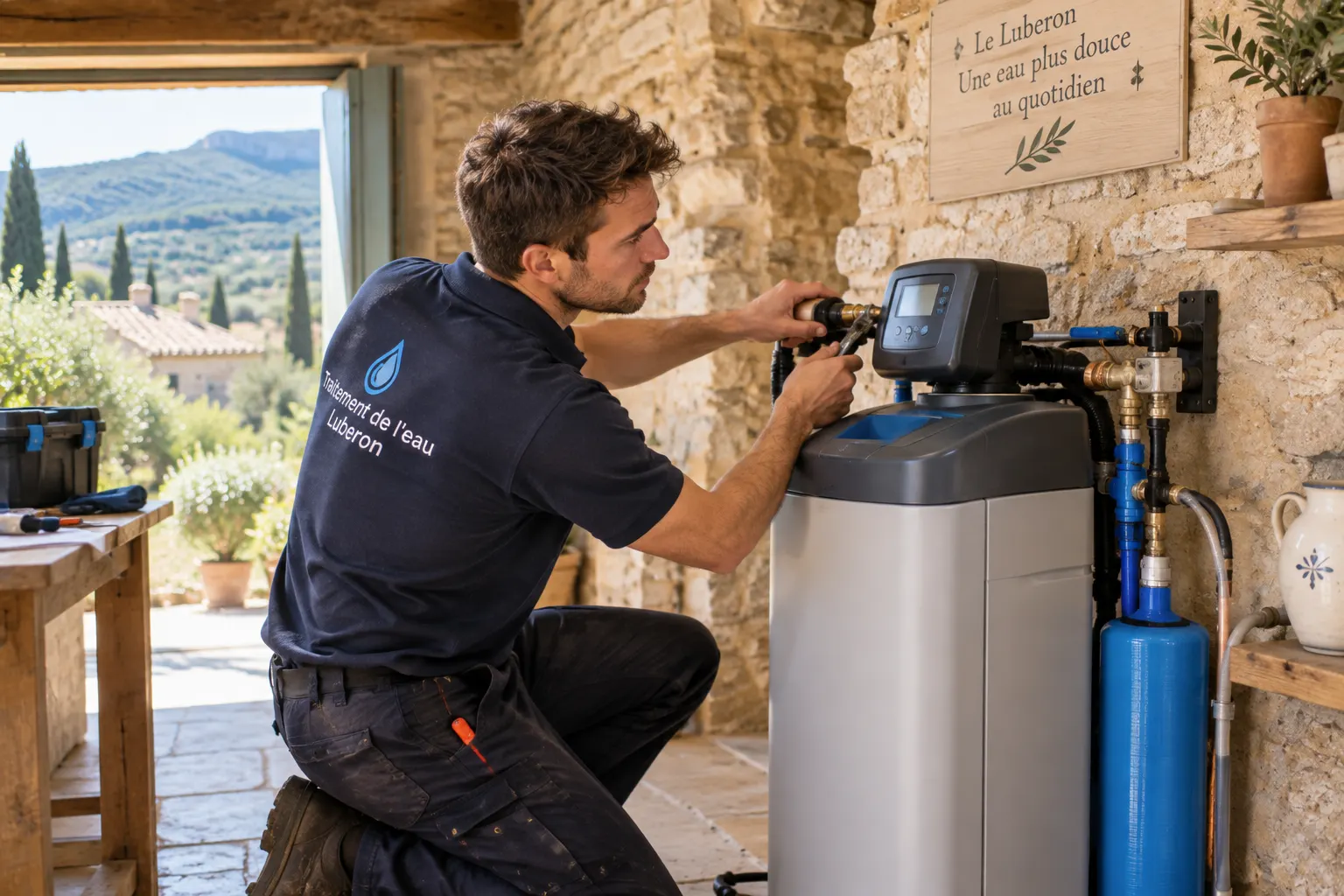 Technicien Luberon Traitement Eau raccordant une station de filtration dans un mas provençal